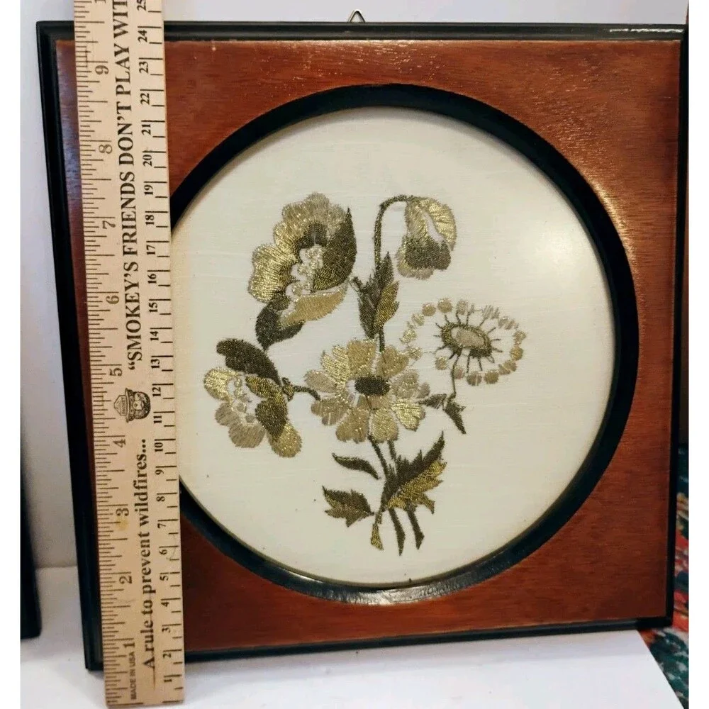 Vtg Pair Metallic Gold Thread Floral Embroidery Wall Art Pictures Wood Frames